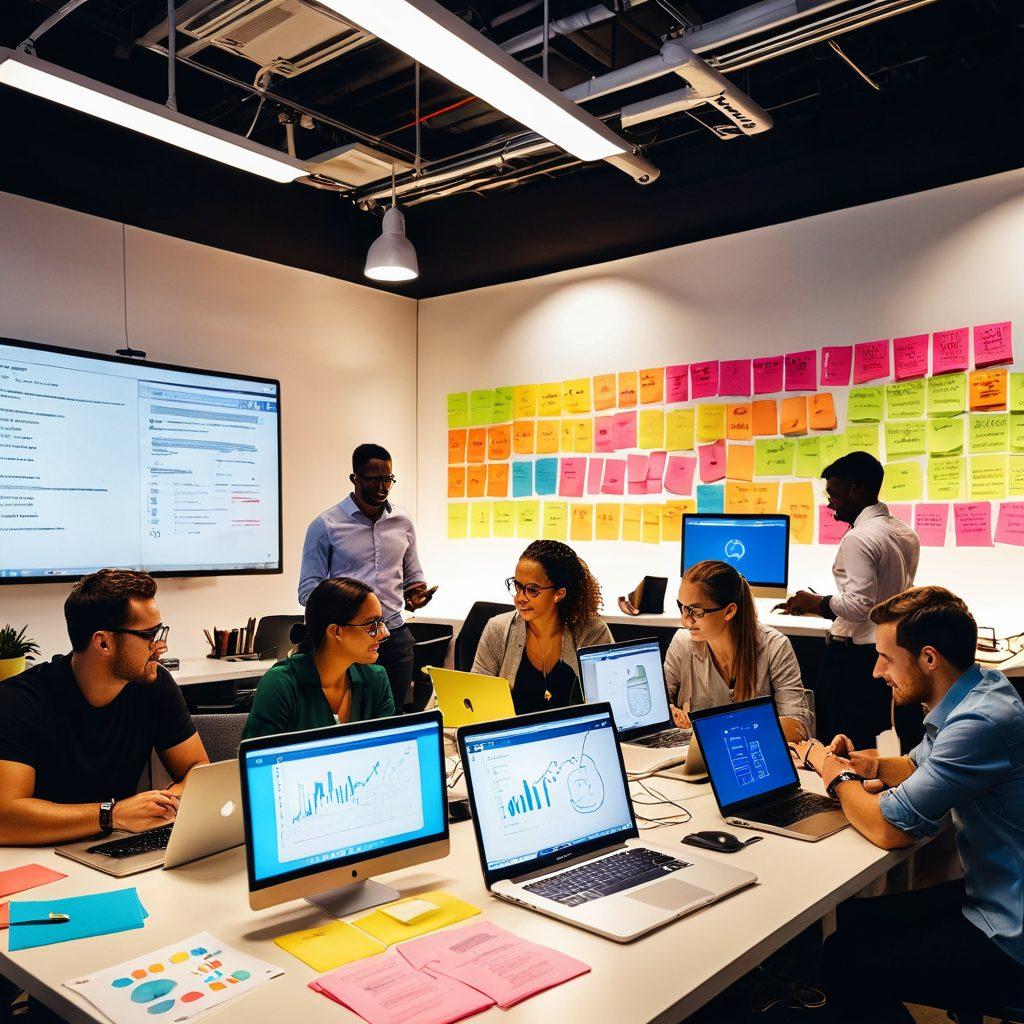 A diverse group of online entrepreneurs engaged in a lively brainstorming session, surrounded by laptops, digital gadgets, and colorful sticky notes. The atmosphere is filled with creativity and energy, showcasing brainstorming tools like whiteboards and charts with growth trends. A glowing lightbulb symbolizes bright ideas and success, set against a modern office backdrop. vibrant colors. super-realistic.