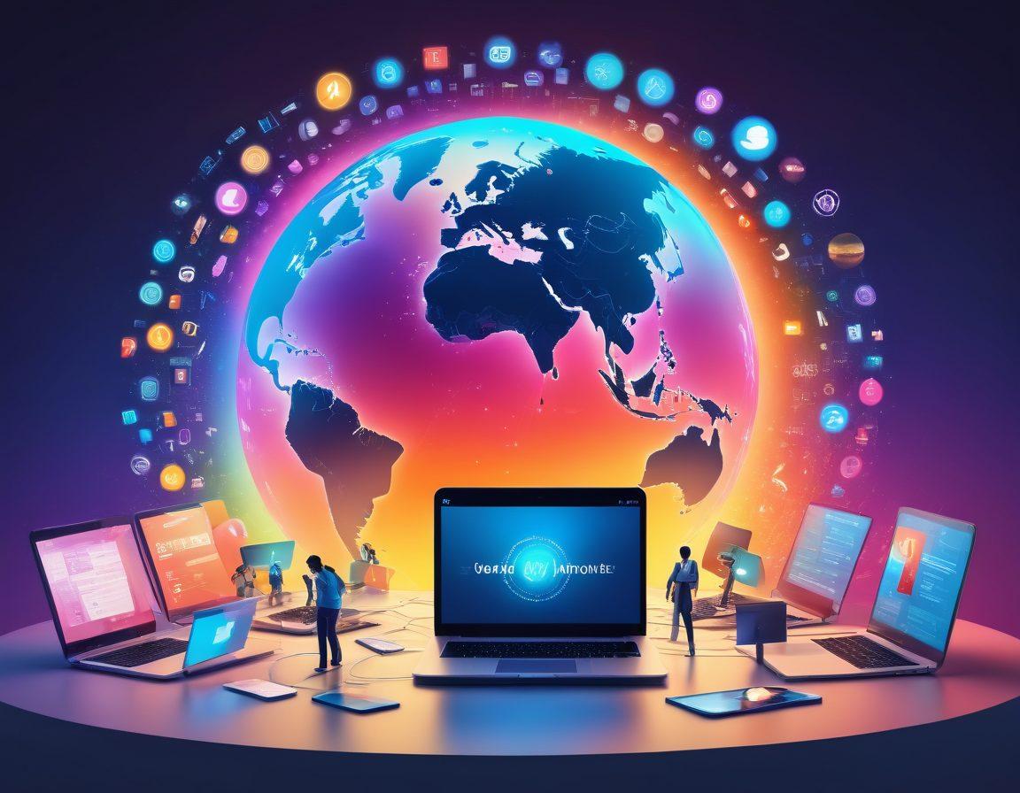 A visually engaging collage featuring a digital landscape with domain registration icons, website elements like templates and code snippets, and content marketing tools such as social media symbols and analytics graphs. In the center, a glowing globe representing the online world, surrounded by diverse entrepreneurs collaborating on laptops. Bright, inviting colors to convey success and creativity. super-realistic. vibrant colors. 3D.