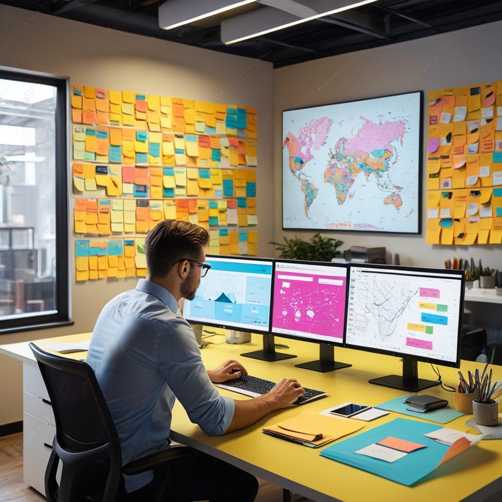 A skilled entrepreneur in a modern office, strategically analyzing digital graphs and domain names on multiple screens, surrounded by post-it notes filled with SEO tips. A virtual map of the digital landscape overlays the scene, depicting connections between domains. The ambiance is inspiring and tech-savvy, with a bright and inviting color scheme. 3D illustration. vibrant colors. modern style.